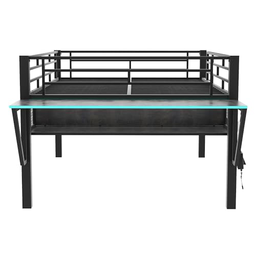 Gaming Bed with Desk,Wardrobe,Ample Storage Space,and RGB LED Light, Full Size Wood Loft Bed for Kids Bedroom (Cloud Blue/K)
