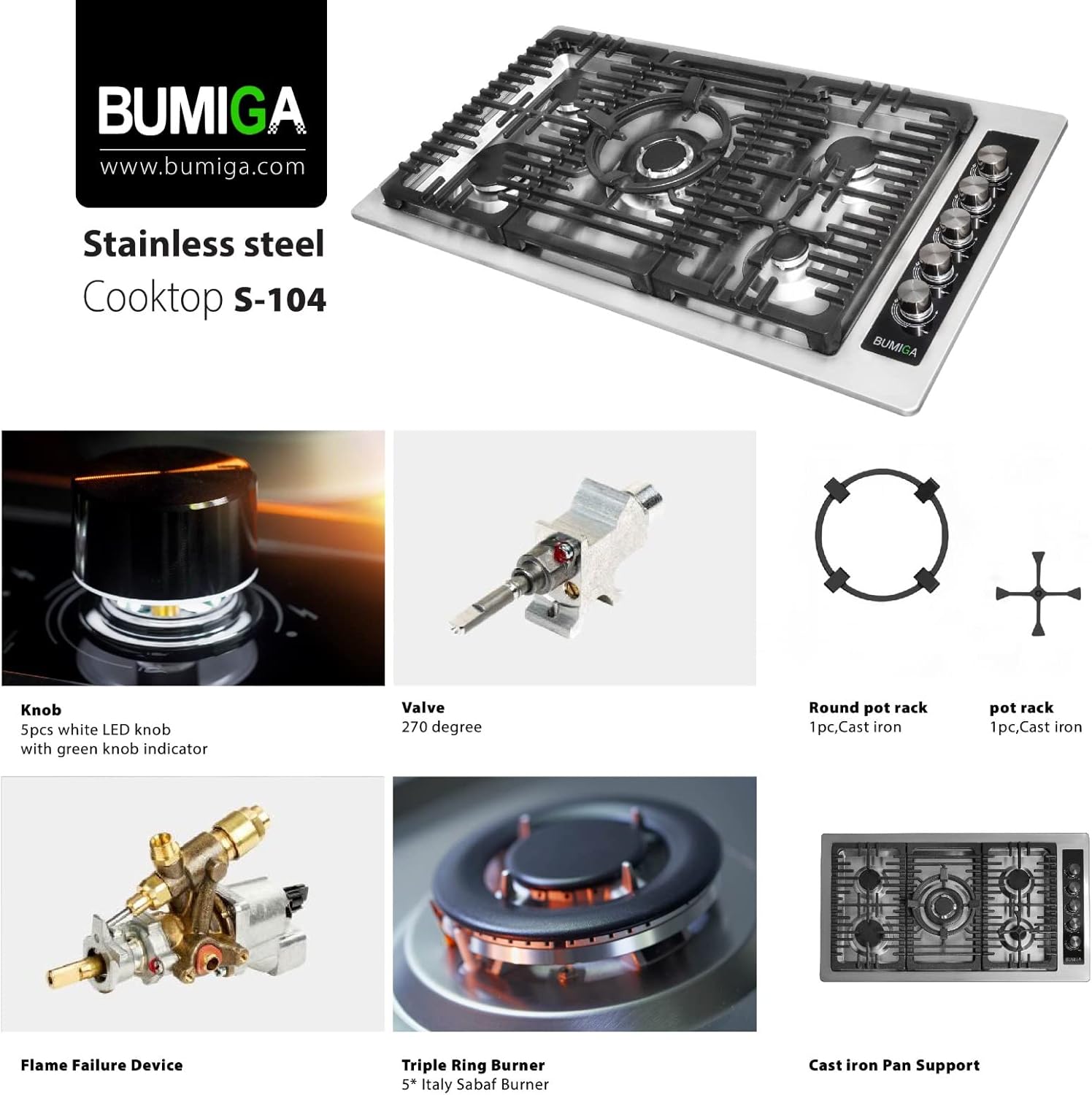 36 In Gas Cooktop Stainless Steel White LED knobs, 270 degree valve, Pot rack, 5 Italy SABAF Sealed Burners counter-Top Cooker, Cast Iron Grate