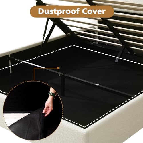 VELOCAVA Queen Size Lift-Up Storage Bed, Upholstered Boucle Bed with Curved Headboard, Rounded Corners, Sturdy Wooden Slat Support
