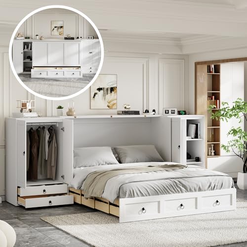 Queen Size Murphy Bed Wall Bed, Solid Pine Murphy Bed Chest Cube Cabinet Bed with USB, Charging Station