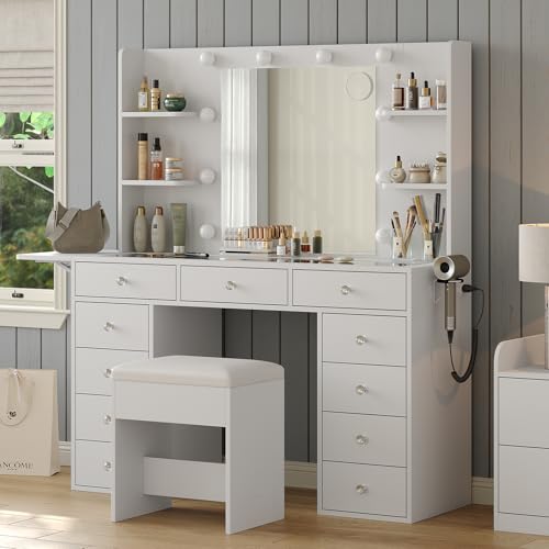 55" W Vanity Desk, Makeup Vanity with Charging Station, 15 Drawers with Lighted Mirror, 3 Lighting Modes, Brightness Adjustable, Glass Top