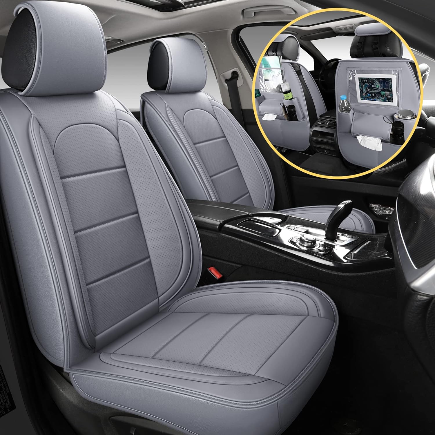 AOOG Leather Car Seat Covers with Car Backseat Organizer, Universal Automotive Vehicle Seat Cover for Most Sedan SUV Pick-up Truck, Front Pair, Beige