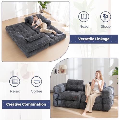 MAXYOYO Folding Sofa Bed, L-Shaped Convertible Sofa Bed with Armrest Foldable Sleeper Couch with Pillow