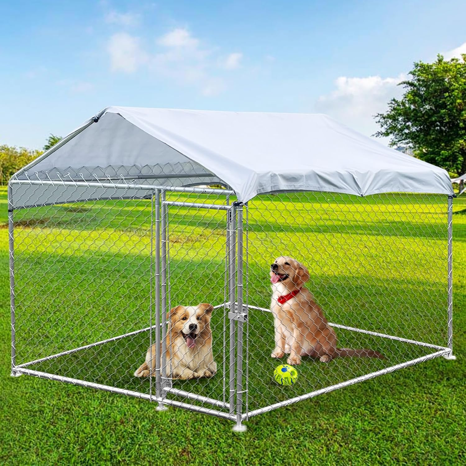 Outdoor Dog Kennel Heavy Duty Dog Cage with Waterproof Roof UV-Resistant Cover Anti-Rust Metal Mesh Fence and Lockable Door Chain Link Dog Exercise