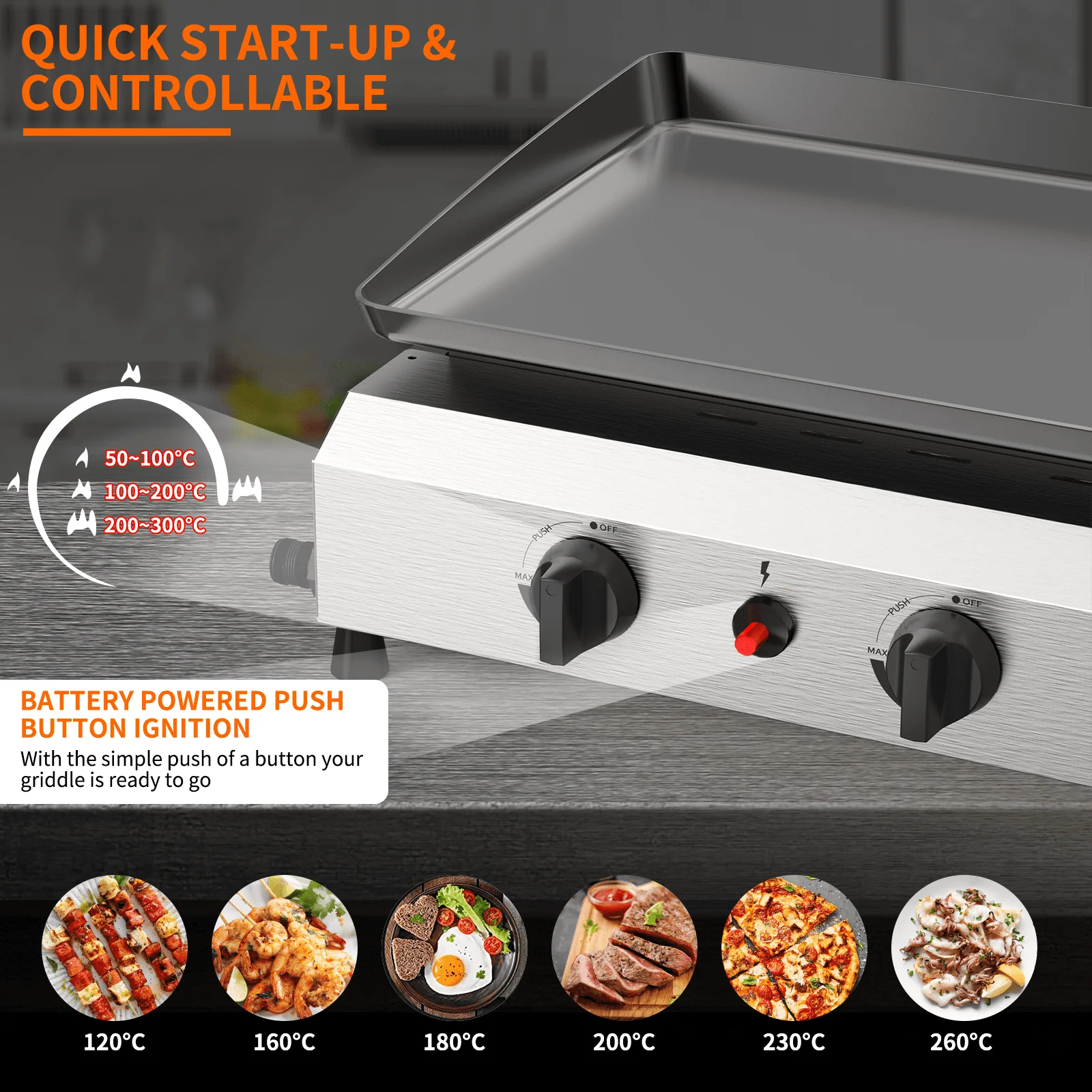 SKOK 3 Burner Gas Griddle-Outdoor Propane Griddle-BTU Propane Fuelled