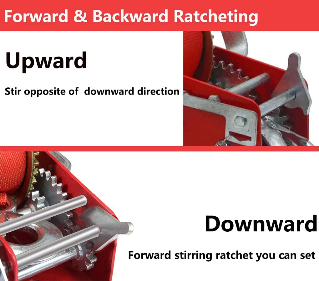 Hand Winch Heavy Duty 3500lbs with Nylon Strap and Ratchet Handle Hook 2 Gear Manual Crank Towing Winch for ATV Boat Trailer Truck Auto (2500 Red)