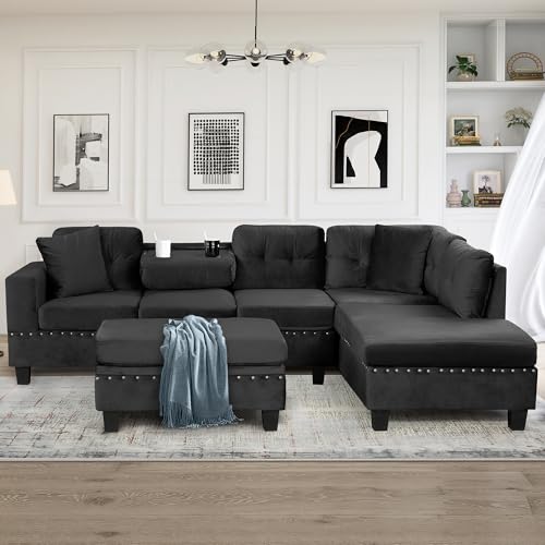 Merax Modern Sectional Sofa with Storage Ottoman, L Shaped Couch with 2 Pillows and 2 Cup Holders
