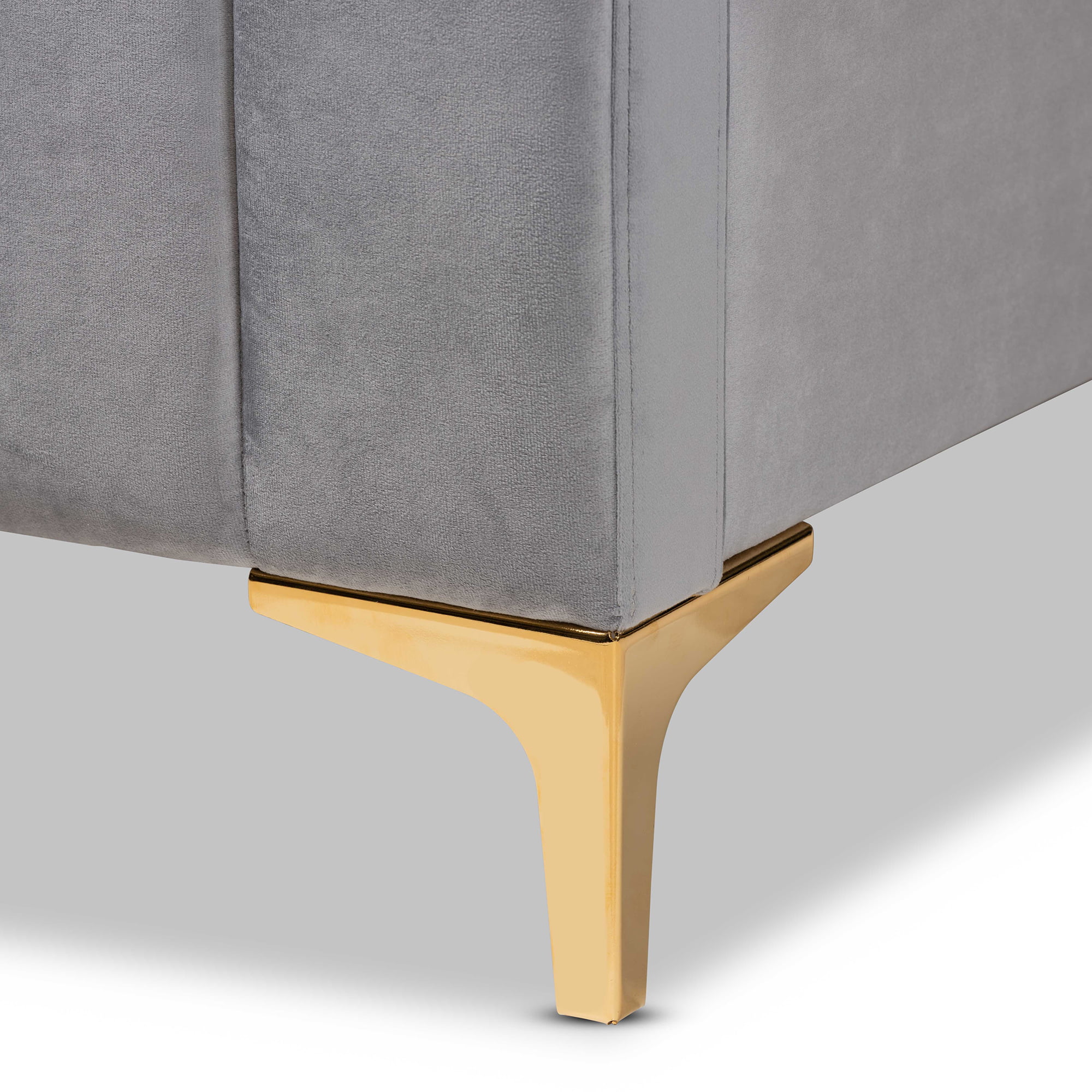 Baxton Studio Nami Modern Contemporary Glam and Luxe Light Grey Velvet Fabric Upholstered and Gold Finished Queen Size Platform Bed