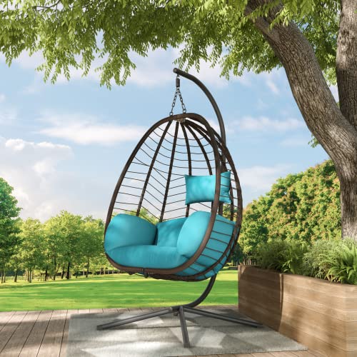 ALAULM Egg Swing Chair Outdoor Indoor Wicker Rattan Hanging Chair with Stand 350lbs Capacity w/Strong Frame & Blue Cushions for Patio Balcony Bedroom