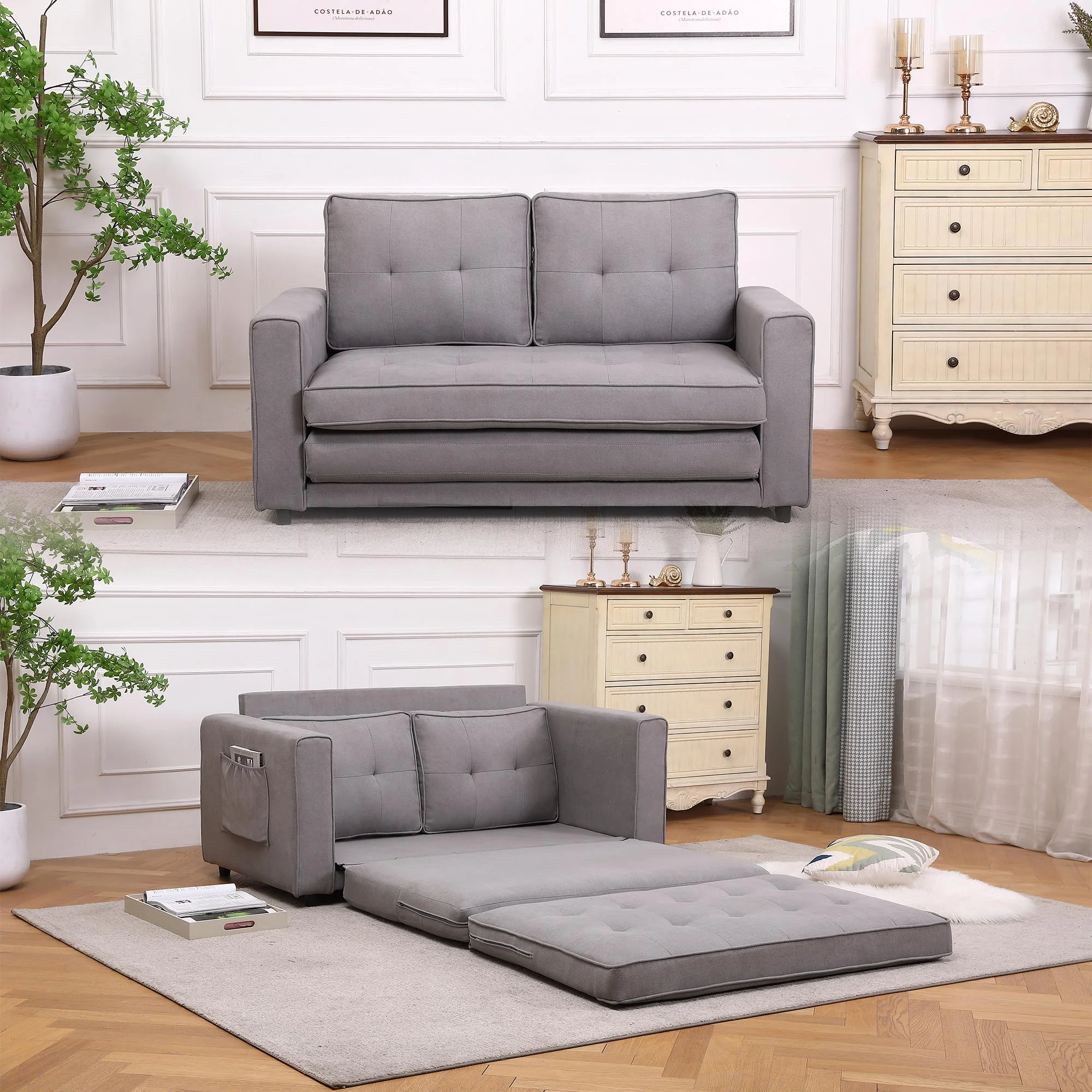 3-in-1 Upholstered Futon Sofa Convertible Floor Sofa bed,Foldable Tufted Loveseat with Pull Out Sleeper Couch Bed