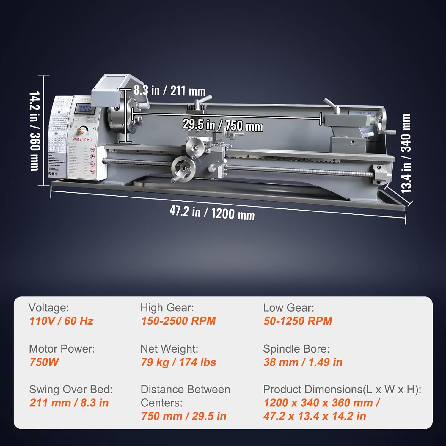 VEVOR Metal Lathe Machine, 8.3'' x 29.5'', Precision Benchtop Power Metal Lathe, 0-2500 RPM Continuously Variable Speed