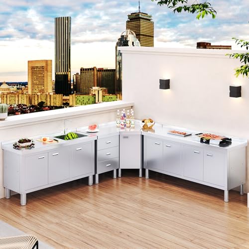 ZZV Freestanding Stainless Steel Sink with Cabinet Heavy Duty Utility Sink Commercial for Kitchen Restaurant Hotel Cafe and Outdoor