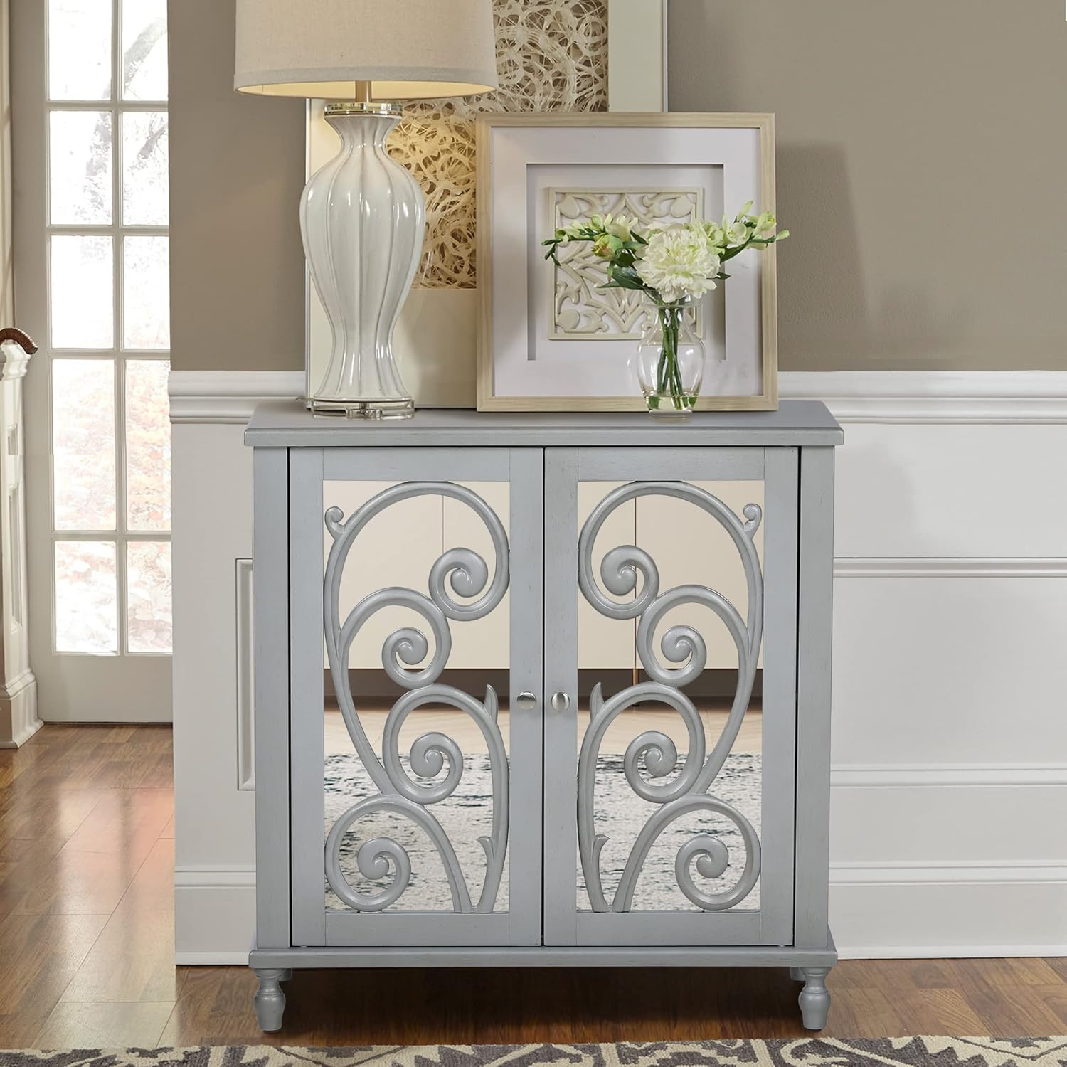 MAISON ARTS White Accent Cabinet with 2 Doors Storage Sideboard Buffet Cabinet for Living Room Kitchen Farmhouse Decorative Distressed Tall Cabinet