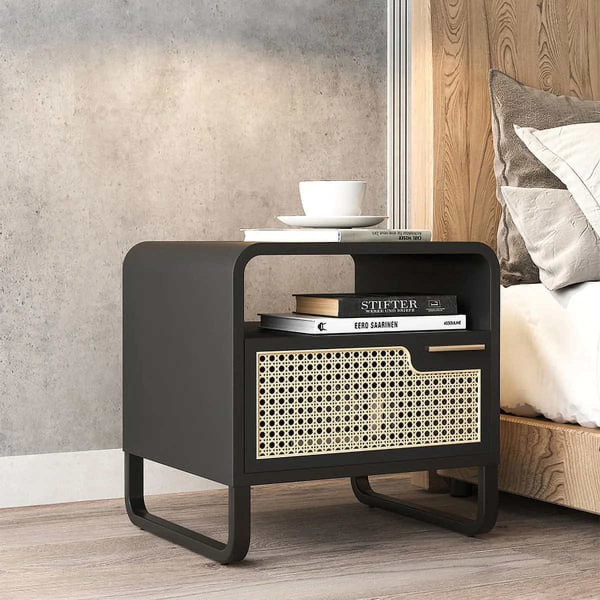 homary Minimalist Nightstand Rattan Woven Bedside Table with 1 Drawer Bedroom Furniture End Table Black