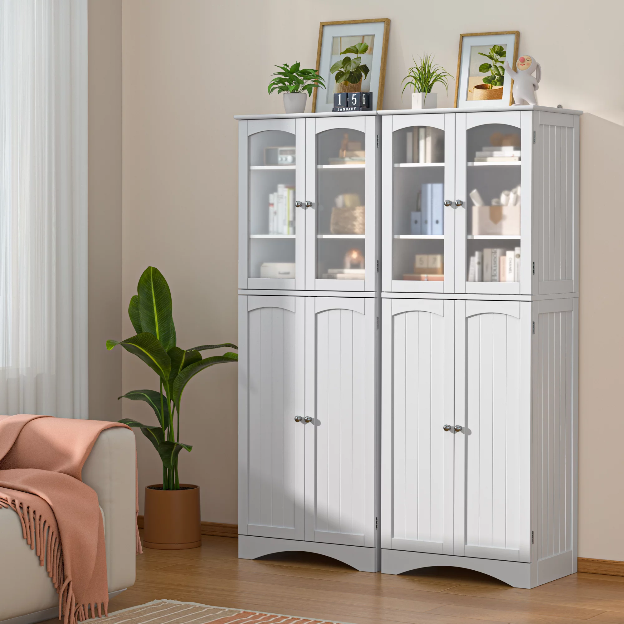 Aiho 64" H Tall Kitchen Pantry Storage Cabinet with Glass Door, White