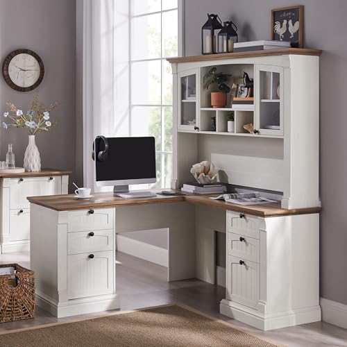 OKD 60" Executive Desk with Drawers, Farmhouse Home Office Desk with Charging Station, Keyboard Tray, File Cabinet Storage