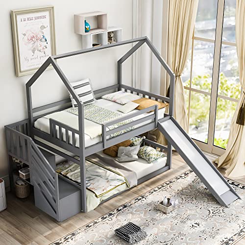 Merax Twin Over Twin House Bunk Bed Frames with Slide and Storage Staircase, No Box Spring Needed, White