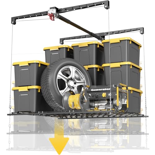 Overhead Garage Storage Rack, 4x4 Ft Adjustable Garage Ceiling Storage Lift, Heavy-Duty Ceiling Mounted Storage Lift System for Garage Organization