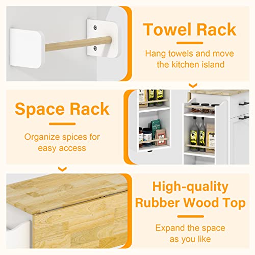Rolling Kitchen Island with Trash Storage Cabinet, 2 Drawers, Kitchen Island with Drop Leaf, Kitchen Storage Islands Carts W/ 3 Spice Rack
