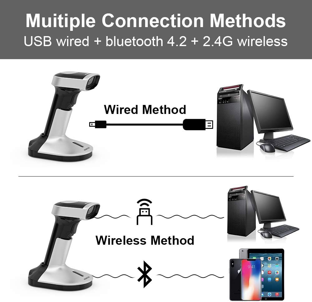 Barcode Scanner with Stand, REEXBON Wireless and Wired Handheld Barcode Reader QR 1D 2D Code Scanner with USB Charging Cable Pack of 2