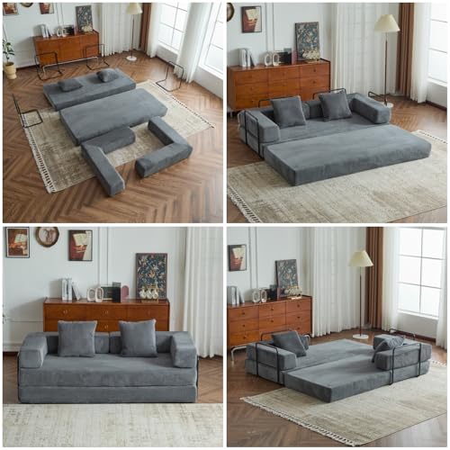 Compression Floor Sofa Bed, Convertible Foldable Sofa with Support Backrest and Armrest, Corduroy Fabric Modular Sectional Couch with 2 Pillows