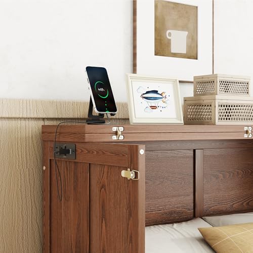 KEIKI Queen Size Cabinet Murphy Bed with Charging Station and Drawer, Multiple Storage Foldable Hideaway Wall Murphy Bed Frame with Solid Slat
