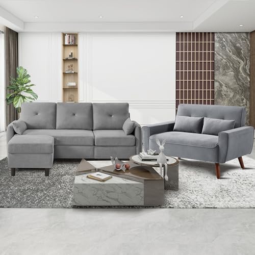 77" Convertible Sectional Sofa Set, Small L Shaped 3-Seat Couch with Reversible Chaise and Loveseat Sofa, Modern Linen Sofas Couches for Living Room