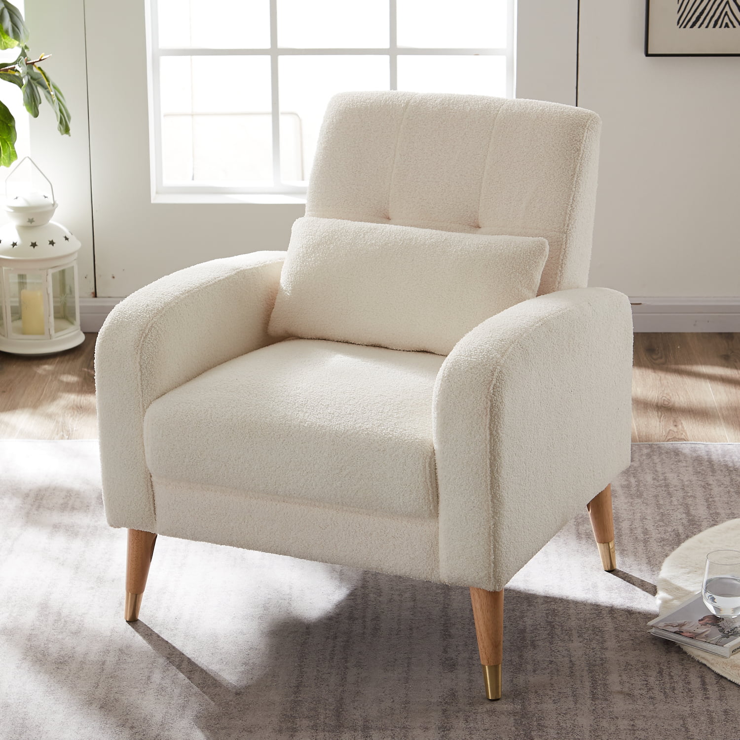 Holaki Modern Accent Chair, Upholstered Single Sofa Chair Sherpa Arm Chair for Living Room and Bedroom, Comfy Armchair with Metal Legs, White Fabric