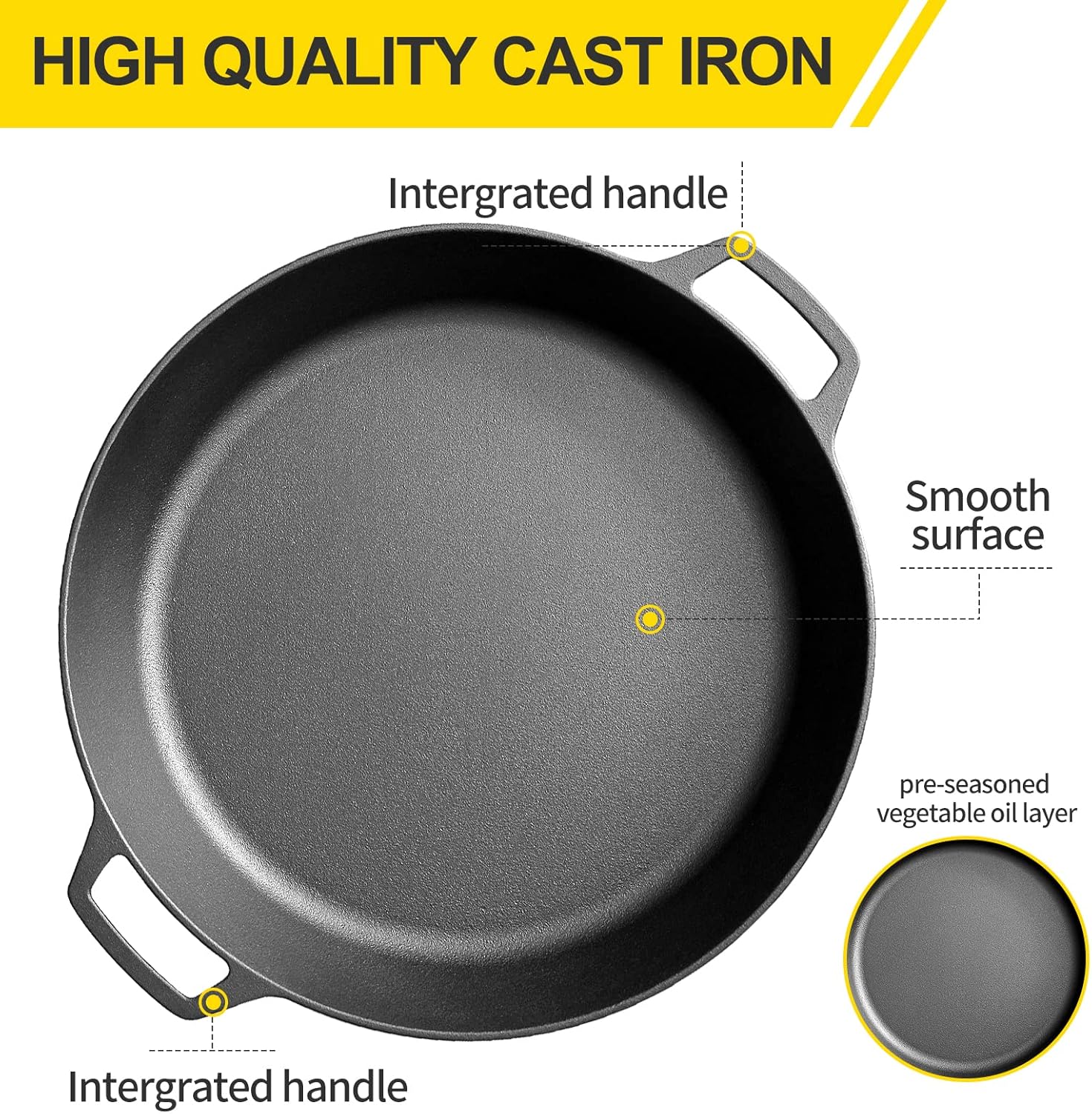 Pre-Seasoned Cast Iron Skillet ,Seasoned Large 15 Dual Handle Frying Pan, Cast Iron Pan for Bread, Baking,Pizza, Indoor / Outdoor Cooking, Camping