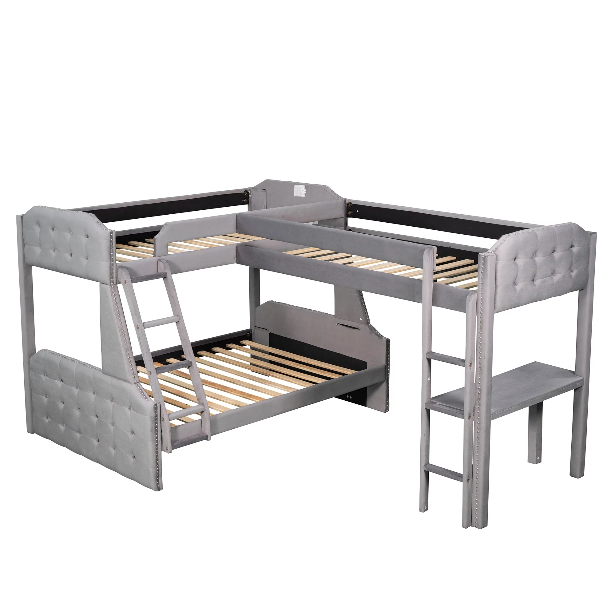 Euroco Upholstery Twin over Full Bunk Bed, Twin Size Loft Bed with Built-in Desk, 3-in-1 Bunk Bed, Solid Upholstered Wood Frame for More Kids, Gray