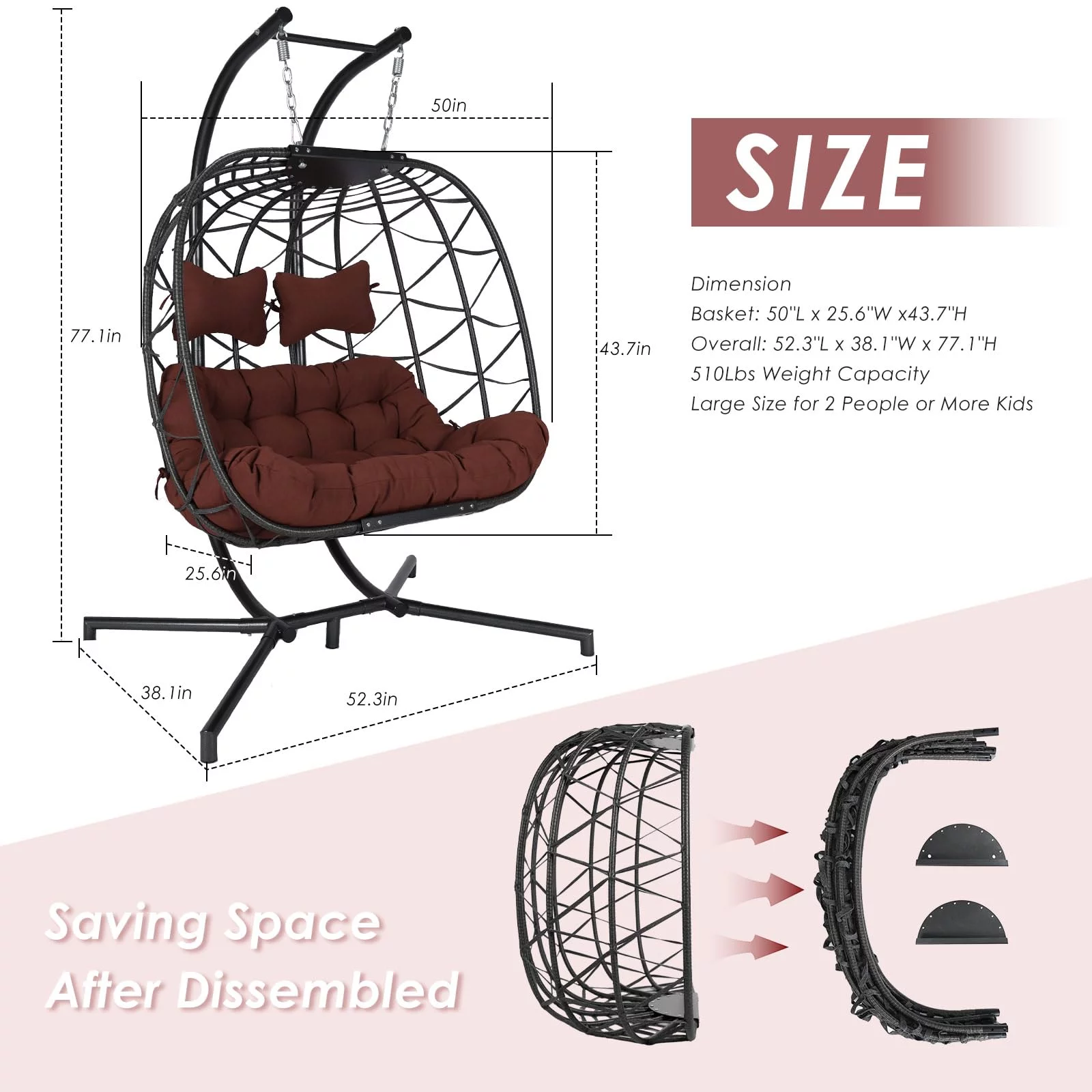 NICESOUL 2 Seater Egg Swing Chair with Stand 2 Person Indoor Outdoor Gray Swing Hanging Chair Two Person Burgundy Olefin Cushion Large Luxury 510Lbs