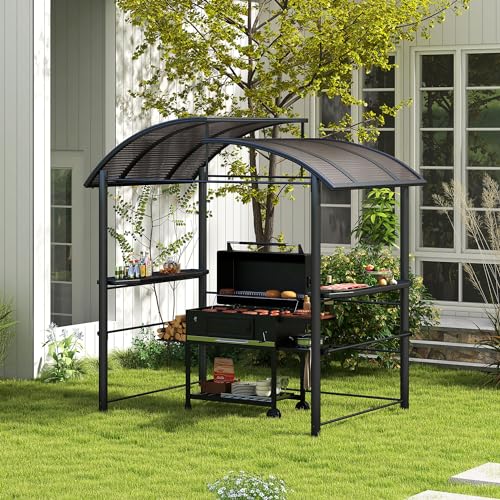 Outsunny 8' x 5' Grill Gazebo Shelter with Interlaced Vented Polycarbonate Roof, Outdoor BBQ Canopy with Side Shelves