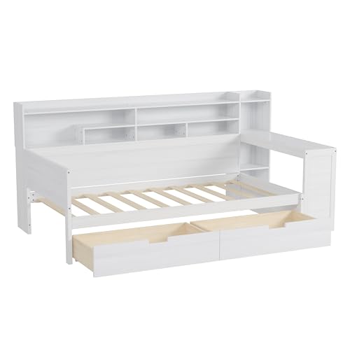 Corner Twin Bed Frame with Bookcase Storage and Desk, Wood Day Beds with 2 Drawers, Twin Size Daybed with Storage for Living Room