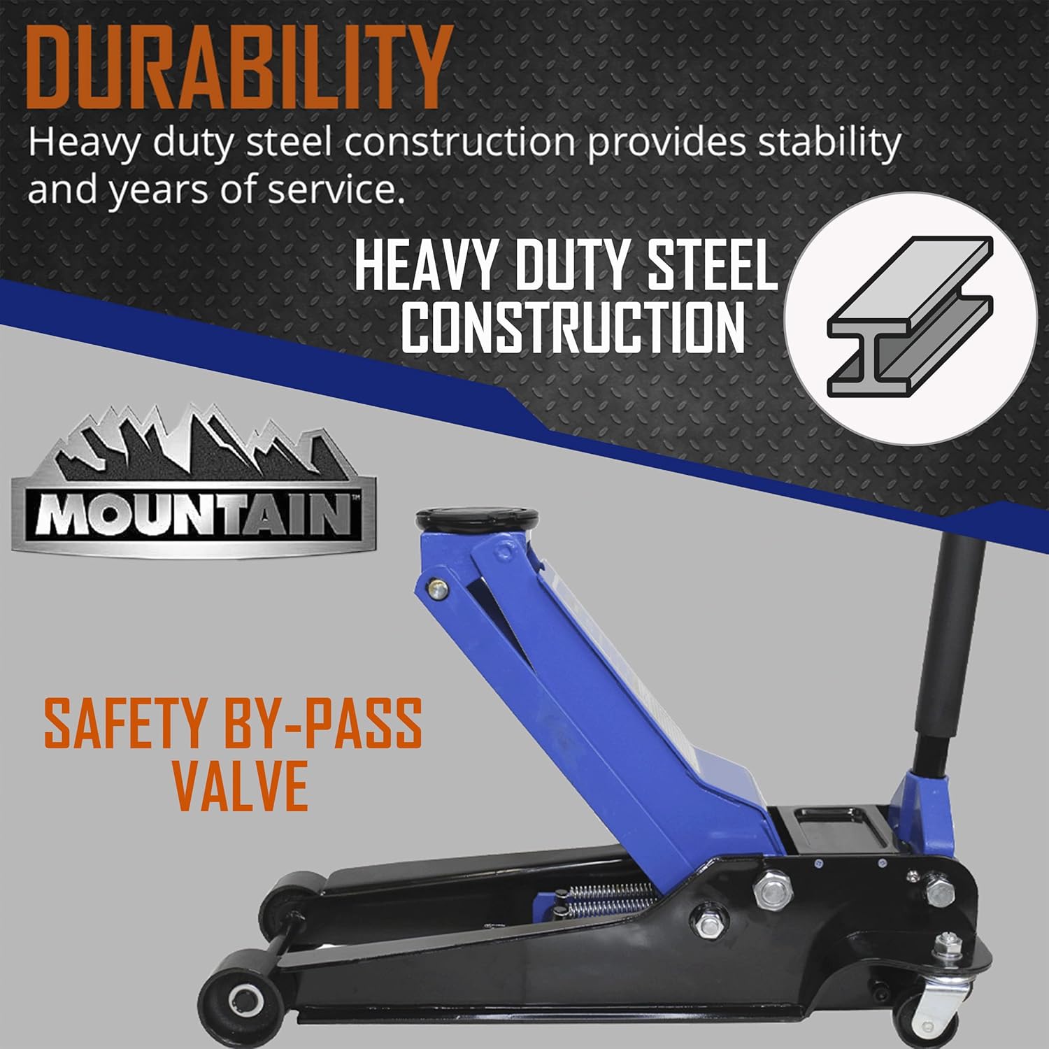 Mountain 3.5 Ton Service Jack; 7,000 LBS. Capacity, Heavy Duty Steel, 21 3/4" Lifting Range, Safety by-Pass Valve; MTN33502