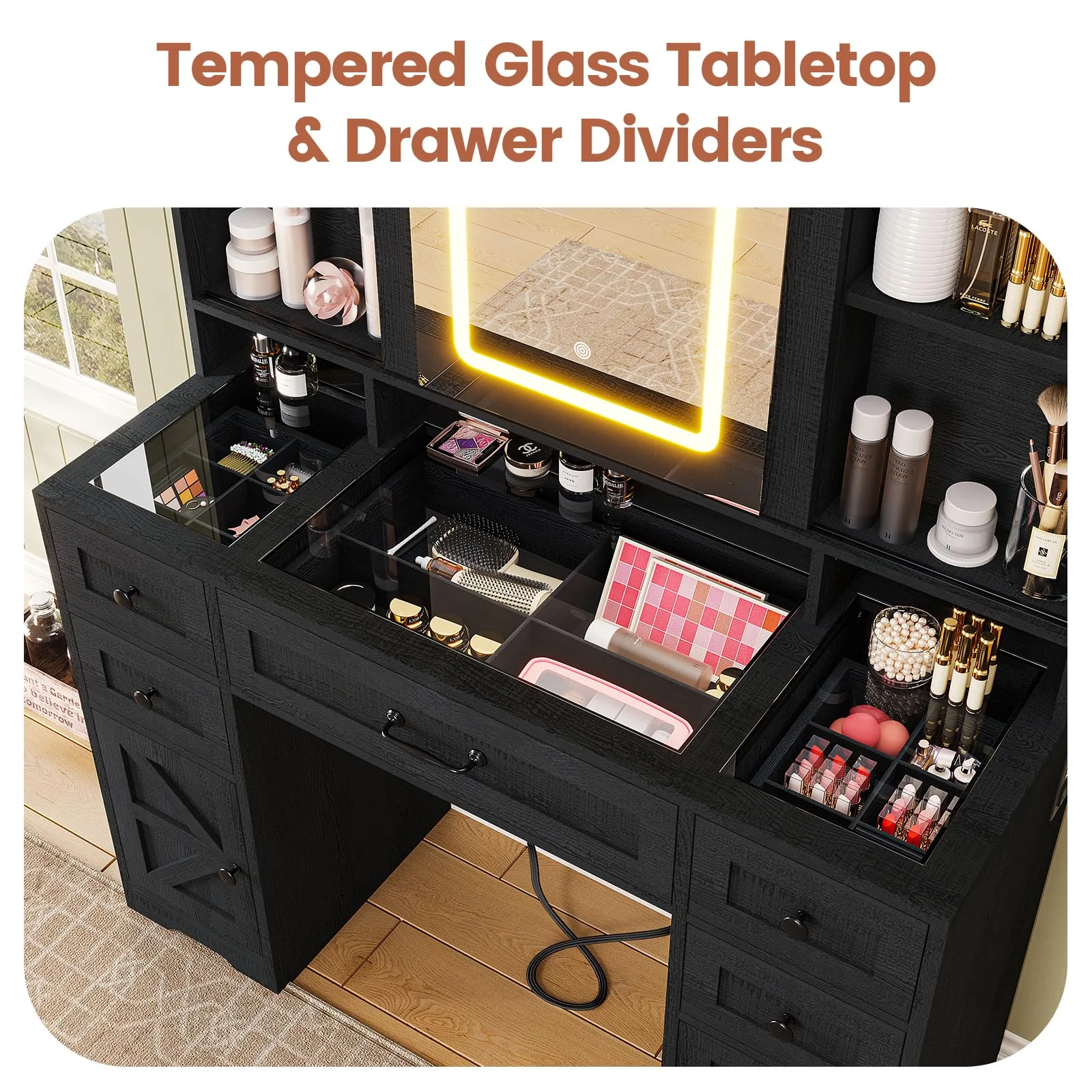 Afuhokles Vanity with Lighted Mirror, Glass Top Vanity Desk with Charging Station, Large Makeup Table with 5 Drawers, Black