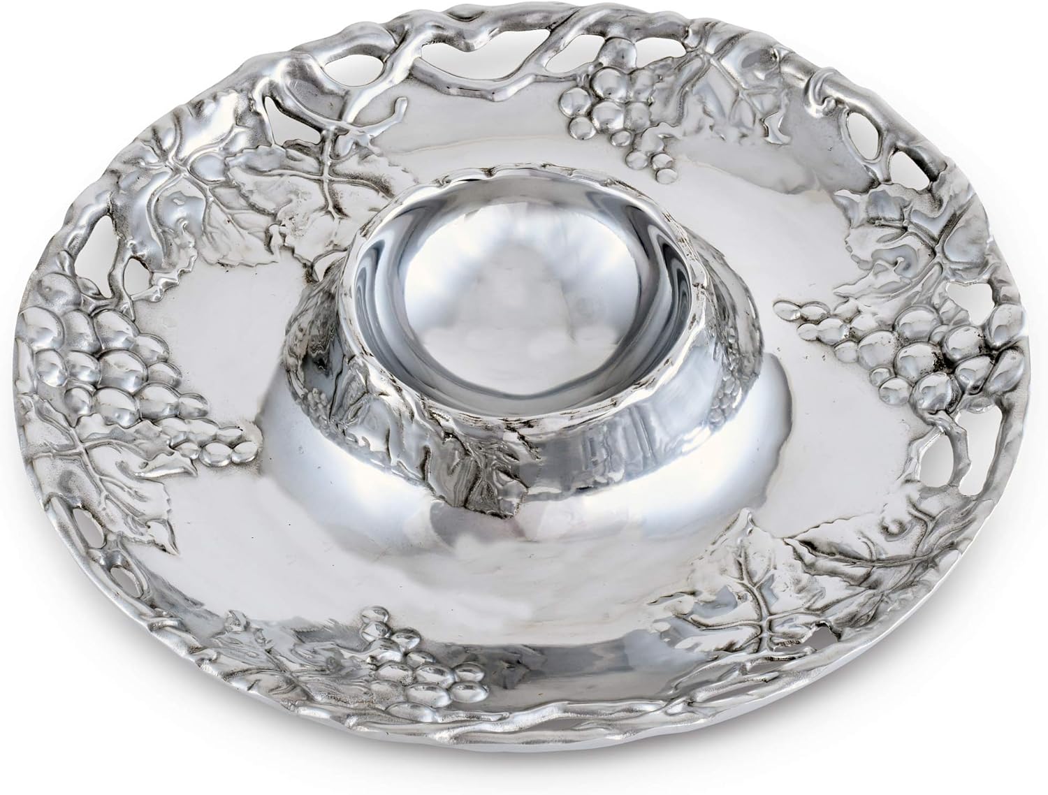 Arthur Court Designs Metal Grape Chip and Dip Platter in Grape Pattern Sand Casted in Aluminum with Artisan Quality Hand Polished Designer