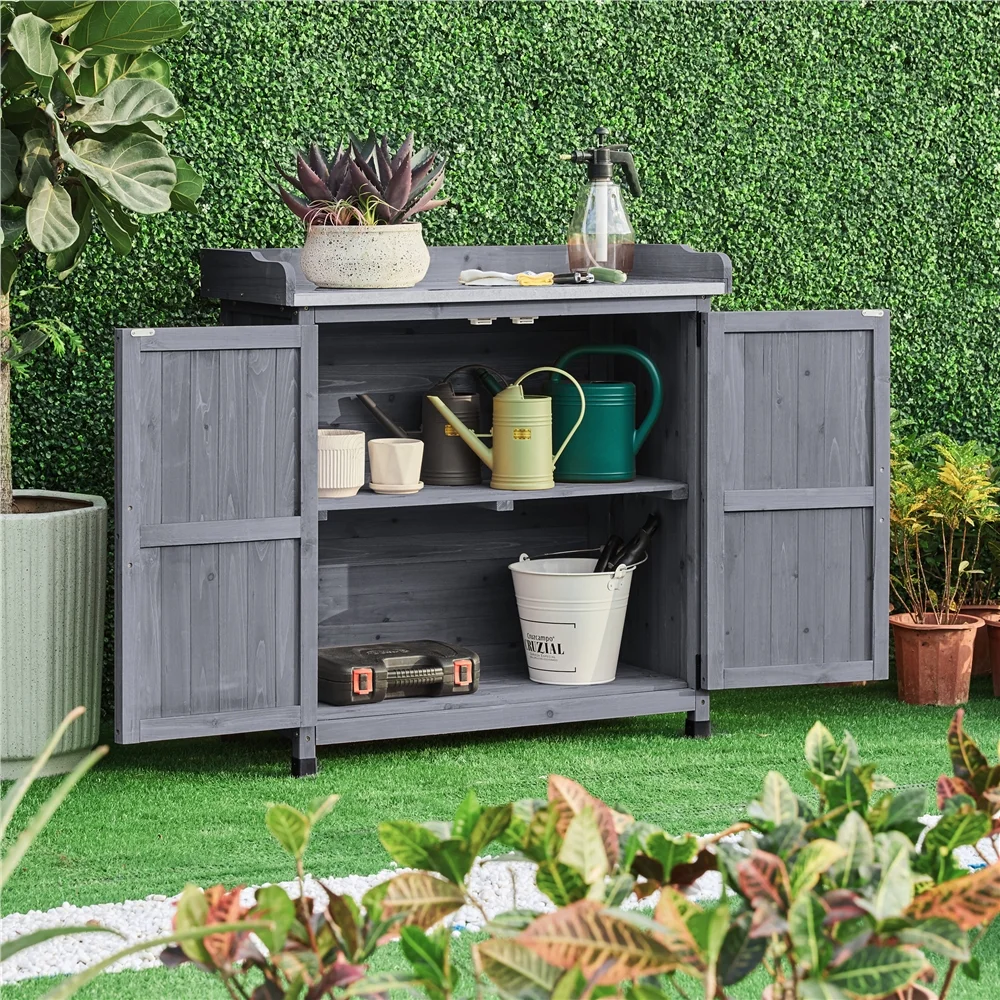 SmileMart Wooden Garden Potting Bench Table with Cabinet for Outdoor, Gray