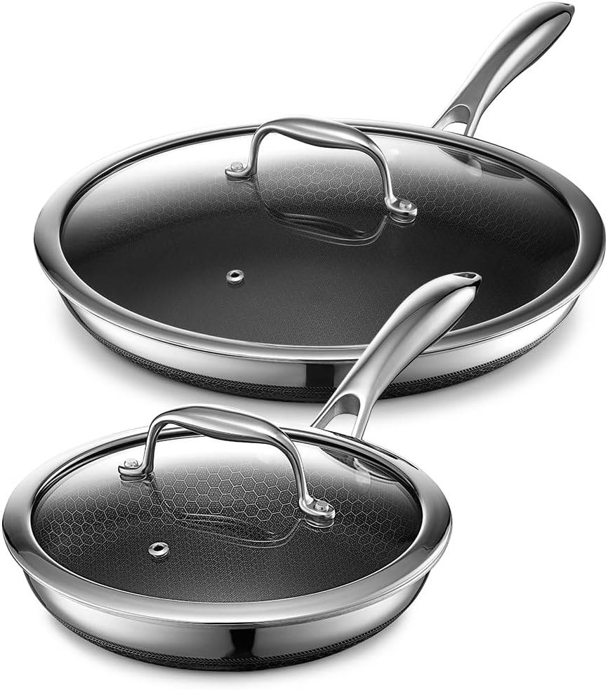 HexClad 4 Piece Hybrid Stainless Steel Cookware Set - 8 Inch Frying Pan with Lid and 12 Inch Frying Pan with Lid, Stay Cool Handle