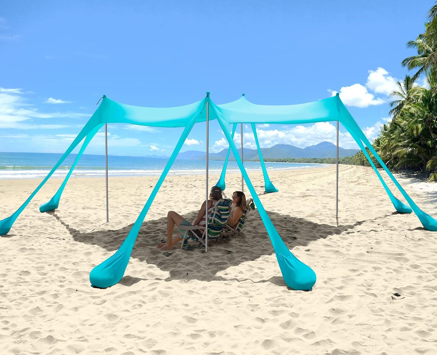 Beach Canopy with 8 Sandbags, Upgrade Beach Canopy Tent Sun Shade UPF50+, 2 Sand Shovel, Ground Pegs and Storage Bag