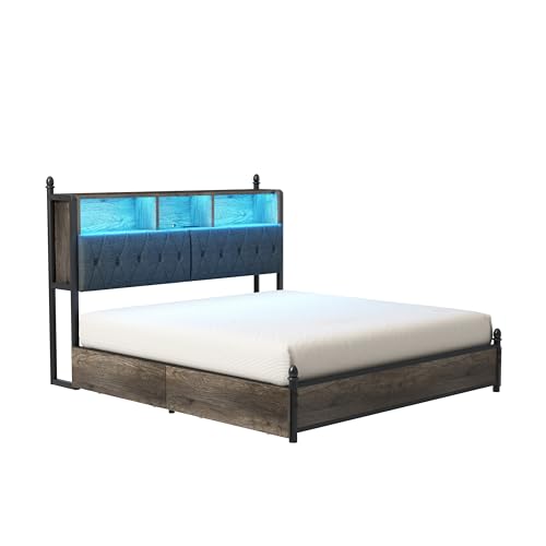 AMERLIFE Full Size Bed Frame with Bookcase Headboard, 4 Storage Drawers, Wooden Platform Bed with Charging Station & LED Light, No Box Spring Needed