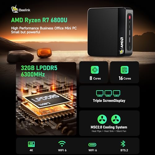 Beelink Mini PC, AMD Ryzen 7 6800U(up to 4.7GHz), 32GB LPDDR5 1TB PCIe4.0, Radeon 680M Graphics Triple 4K Display, Wi-Fi 6/BT5.2