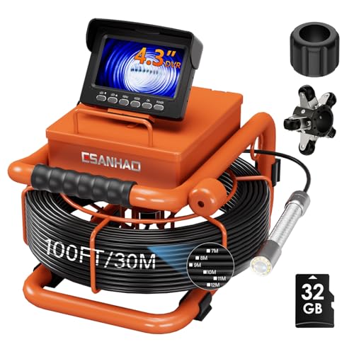 Sewer Camera 100FT/30M Borescopes Plumbing Snake Pipe Inspection Camera DVR & Audio Recorder 22mm with 5600Mah Battery 4.3" IPS Screen 12 LEDs HD