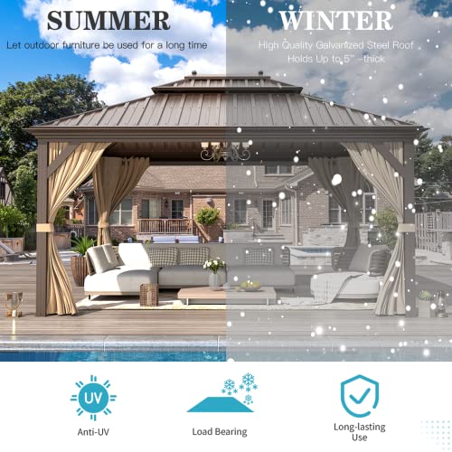 EROMMY 12'x20' Hardtop Gazebo Double Roof Galvanized Steel Canopy Outdoor Aluminum Frame Permanent Metal Pavilion with Netting and Curtains for Patio