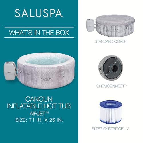 Bestway SaluSpa Cancun AirJet 2 to 4 Person Inflatable Hot Tub, 71 x 26 Inch Round Portable Outdoor Spa with 120 Soothing Jets and Cover, Gray