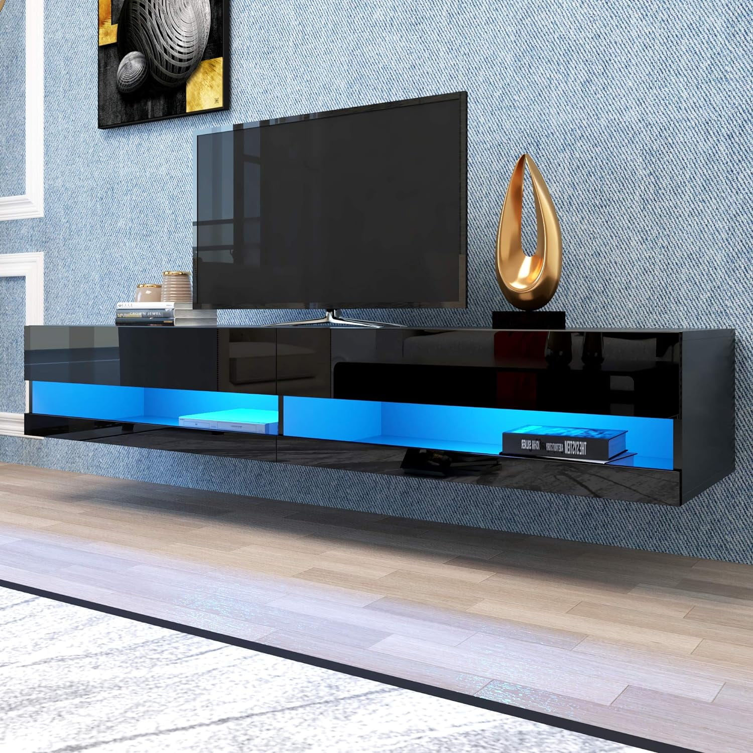 Floating LED TV Stand For 80 Inch TV Wood Wall Mounted Entertainment Center With 20 Color Leds,Modern Console Table Storge Shelf For Living Room