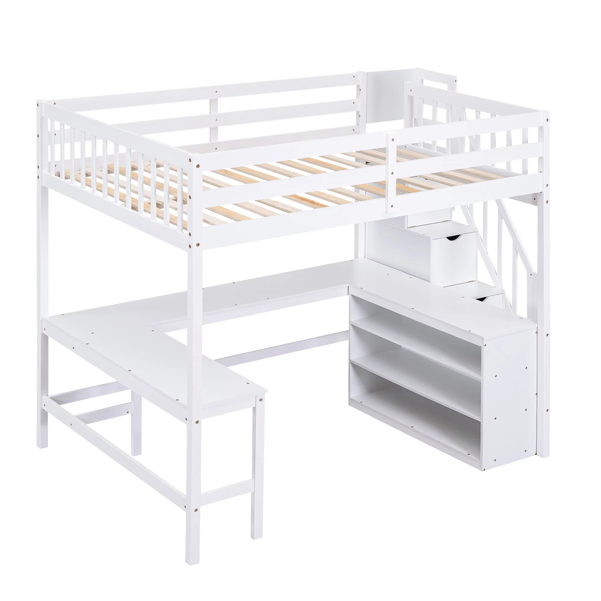 EUROCO Wood Full Size Loft Bed with Desk, Shelf and Storage Staircase for Kids Teens Adults, Built-in Desk with Bookscase for Working Station