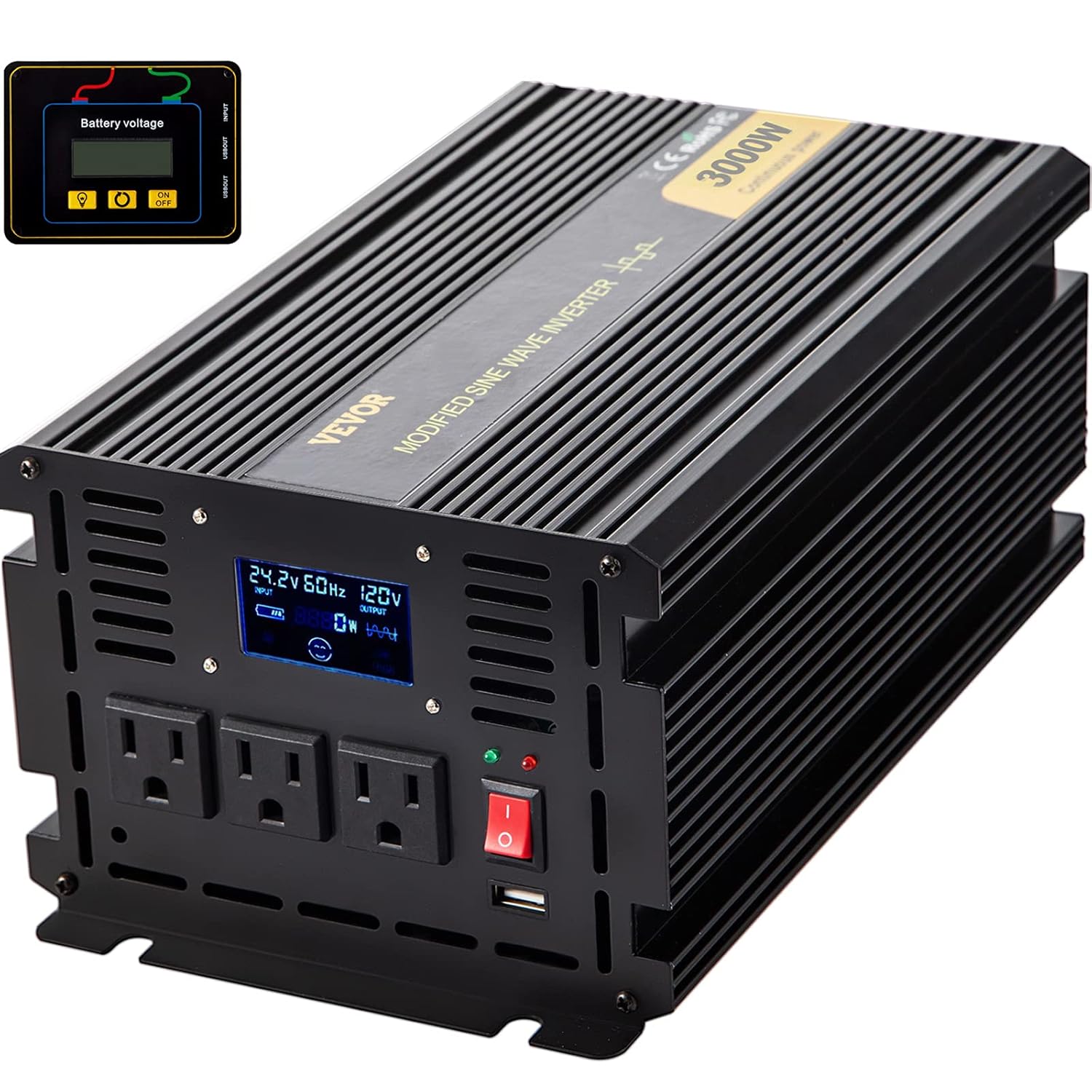 VEVOR Power Inverter, 3000W Modified Sine Wave Inverter, DC 24V to AC 120V Car Converter, with LCD Display, Remote Controller, LED Indicator