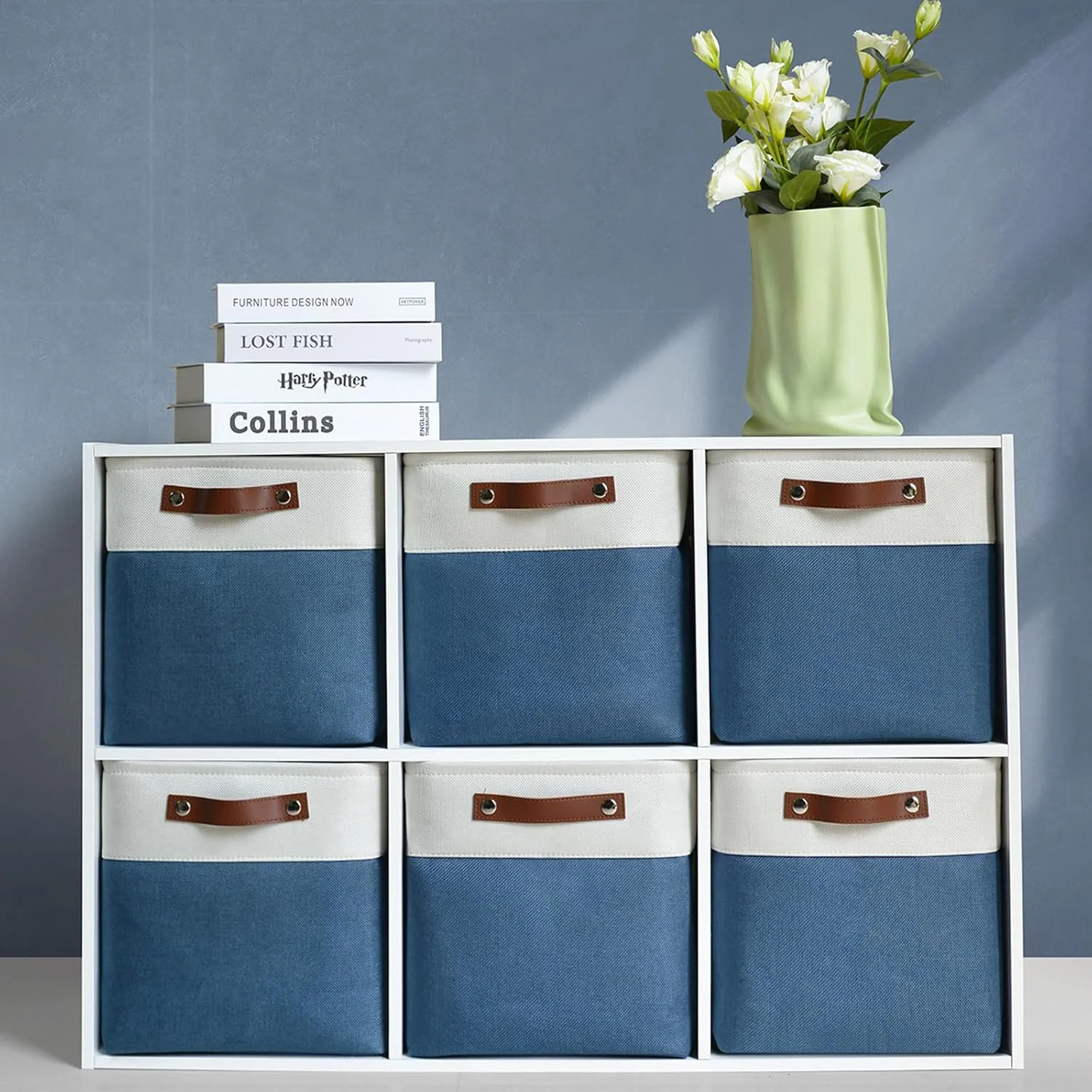 Collapsible Fabric Cube Storage Bins 11x11×11, Pack of 6 Closet Basket Boxes with PU Handles for Organizing Shelves, Toys, Clothes, Home, Laundry