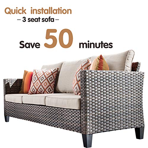 ovios Patio Sofa with 2 Ottomans, 3-Pieces Outdoor Rattan Wicker Couch with 2 footrests, All Weather 5 Seater Sofas Couches for Porch, Backyard
