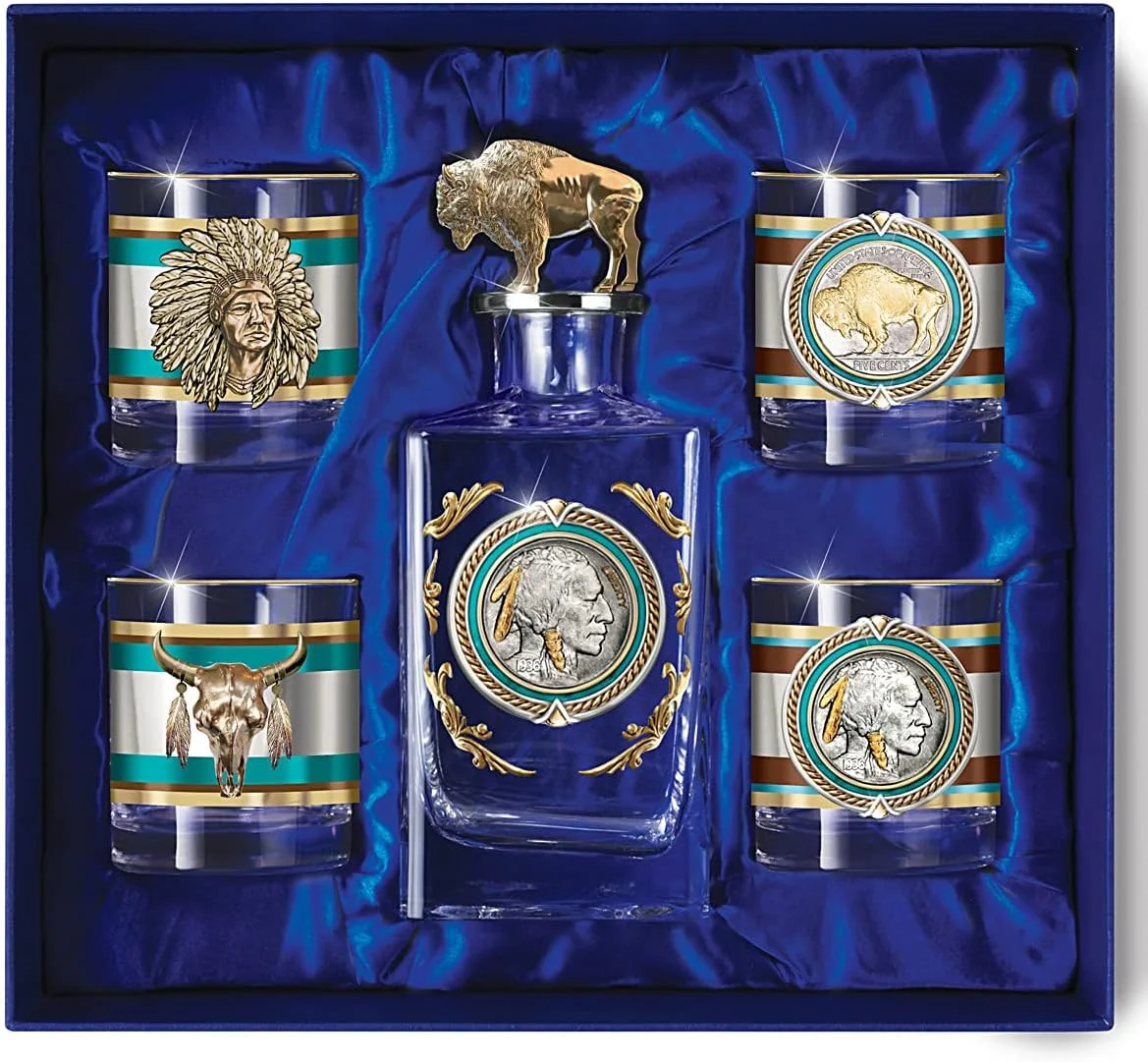 The Bradford Exchange Pride of The West Decanter and Glass Set American Western Buffalo Nickel Inspired Collection with 12K Gold Rims in Satin Gift